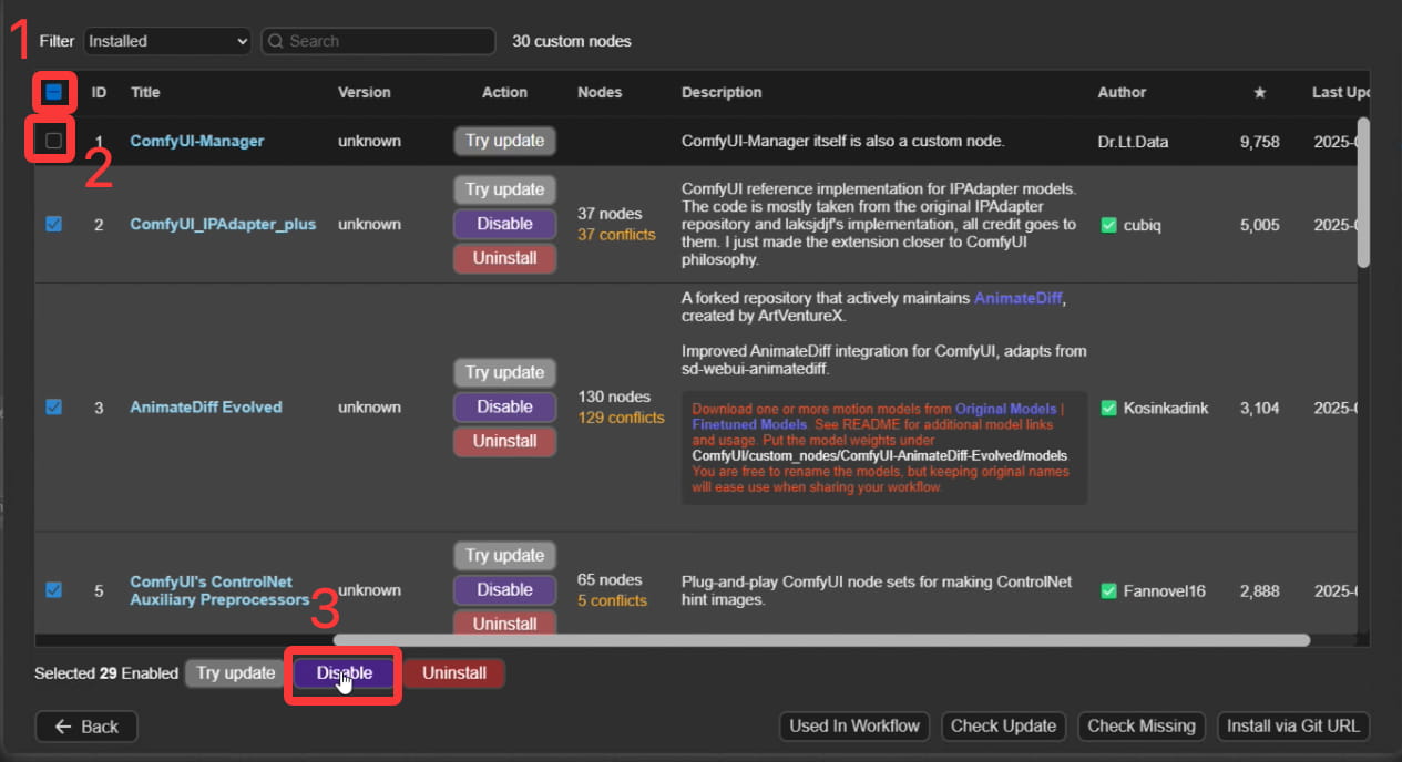 ComfyUI-Manager Batch Disable Nodes
